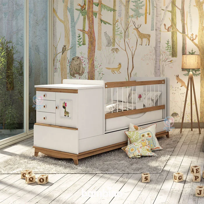 تخت نوزاد نوجوان 4 منظوره رایکا با سه کشو و یک کمد در جلوی کار