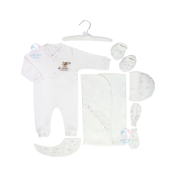 ستی کامل، شامل آویز لباس، پاپوش، پیشبند، دستکش، دورپیچ نخی کلاهدار، سرهمی و کلاه