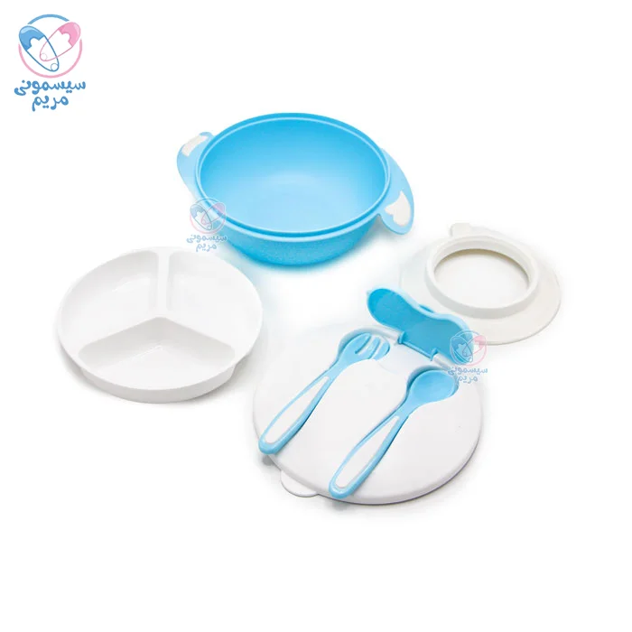 محصولی 5 تکه شامل بشقاب سه قسمتی، چنگال، قاشق و کاسه چسبان با در