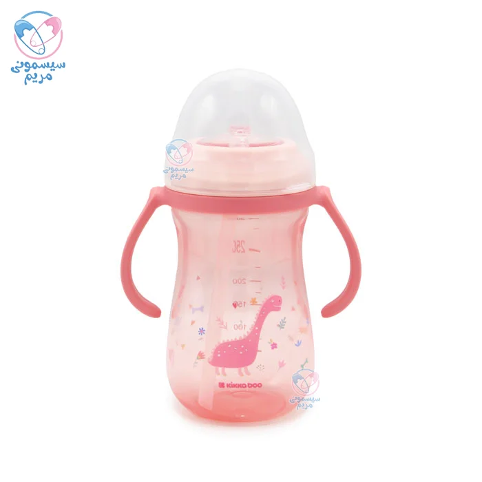 لیوان دسته دار و نی دار 300 میل طرح dino صورتی