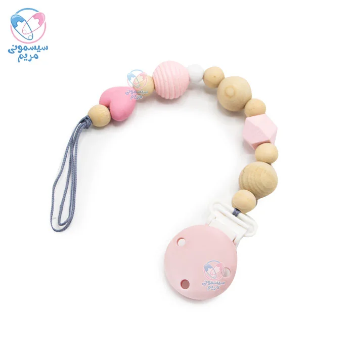 بند پستانک چوبی و سیلیکونی صورتی