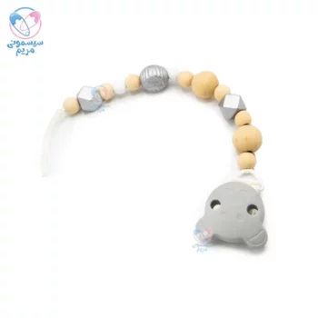 بند پستانک چوبی و سیلیکونی طوسی