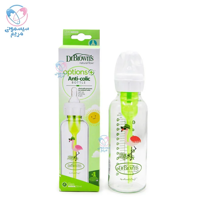 شیشه شیر 250 میلی لیتر پیرکس لاغر دکتر براون فلامینگو Dr.Brown’s 81631 جنس پیرکس مقاوم